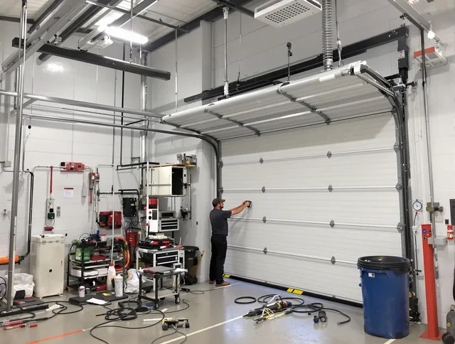Davidson Garage Door Repair certified technician performing commercial door repair at a Davidson business facility