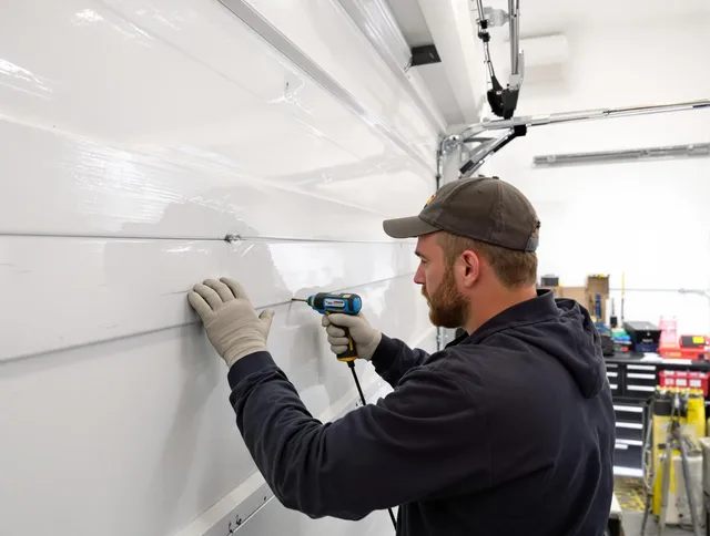 Davidson Garage Door Repair technician demonstrating precision dent removal techniques on a Davidson garage door