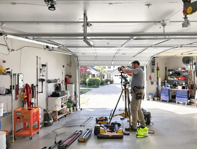 Davidson Garage Door Repair specialist performing laser-guided track alignment in Davidson